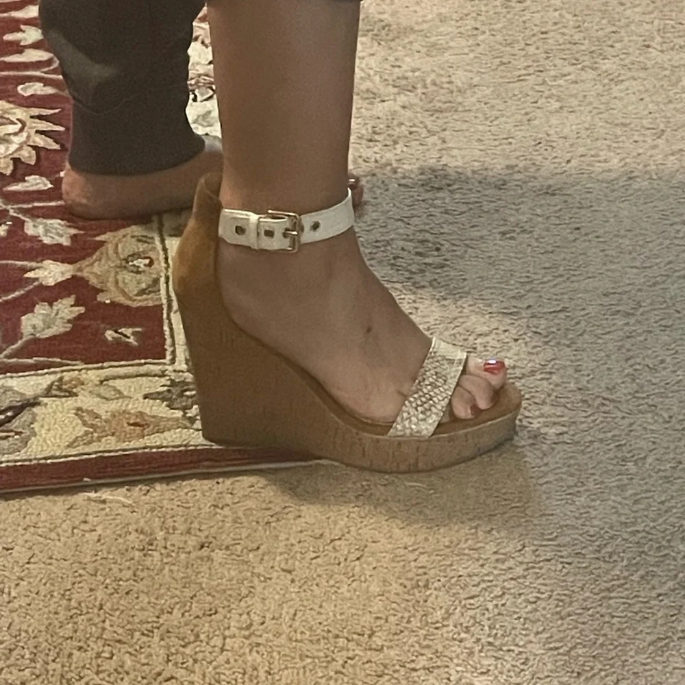 Mark Fisher beige suede and snake embossed ankle strap cork‎ wedges.